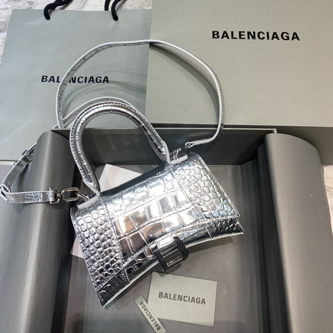 Balenciaga Hourglass XS Handbag Crocodile Embossed Shoulder Bag Silver